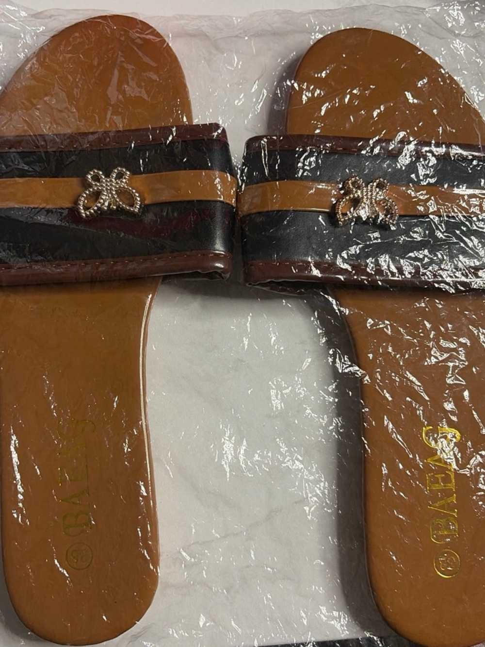 Women’s Tan and Black Slide Sandals